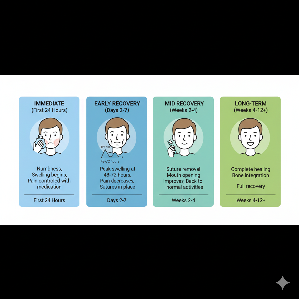 Ghid vizual care arată la ce să vă așteptați în timpul recuperării după o intervenție chirurgicală orală, de la primele 24 de ore până la vindecarea completă