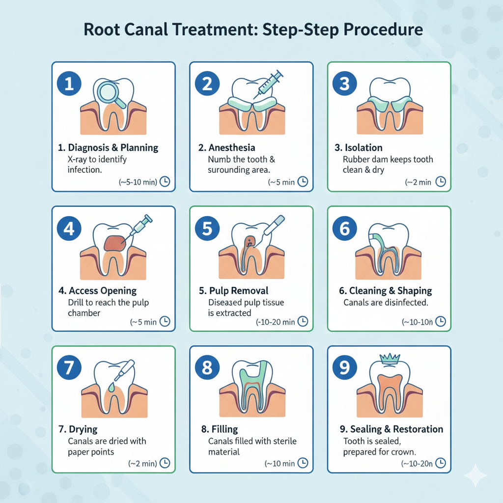 Step-by-step infographic showing the 9 stages of root canal treatment procedure from diagnosis through sealing, including anesthesia, pulp removal, cleaning, and restoration