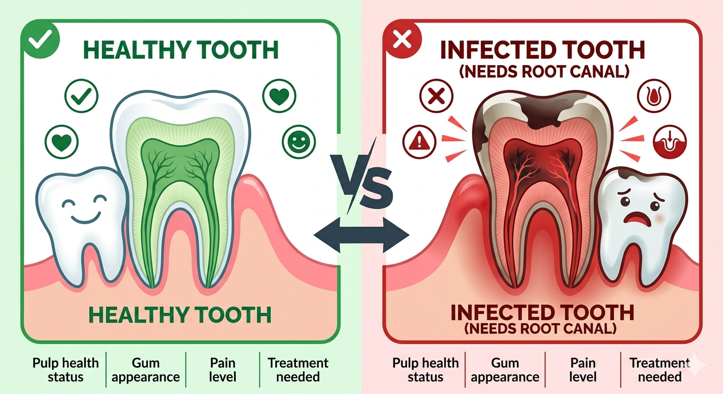 Comparison of healthy tooth anatomy versus infected tooth showing pulp inflammation, tooth discoloration, and gum swelling that require root canal treatment
