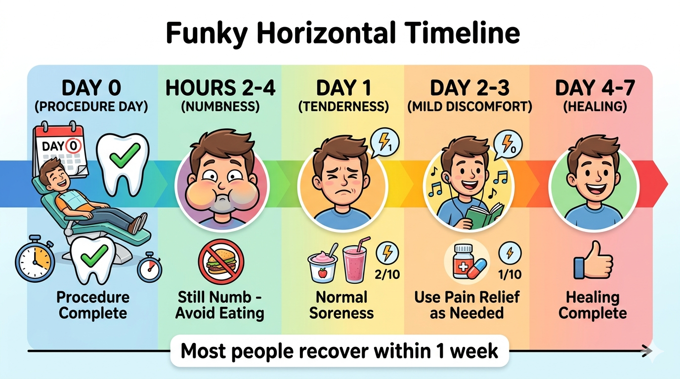 Root canal recovery timeline showing typical progression from procedure day through 7-day recovery period with pain and sensitivity levels