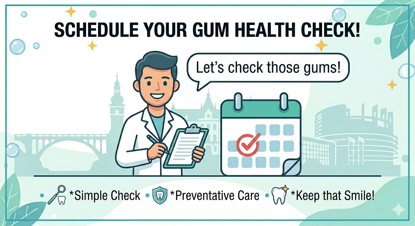 Friendly dentist illustration encouraging patients to book a gum health appointment at Talpadent Luxembourg