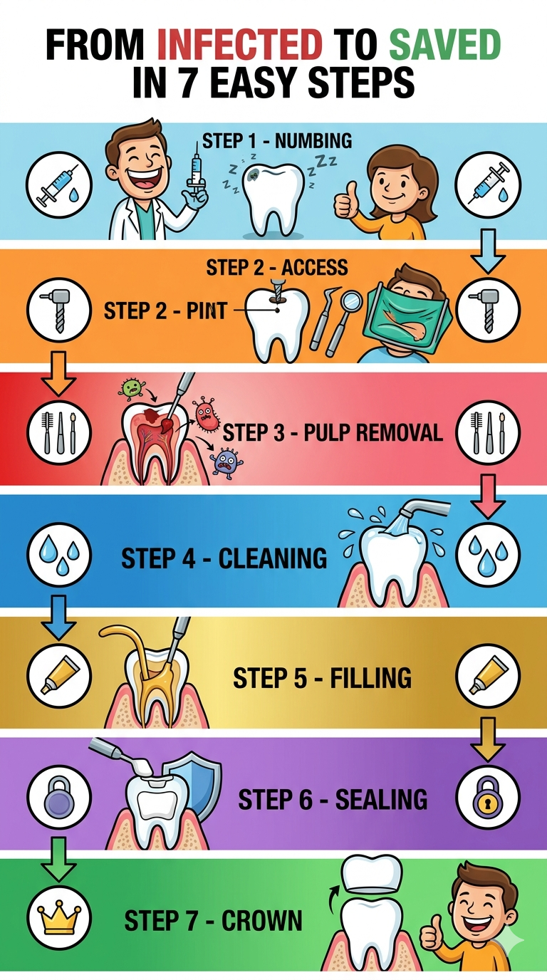 Step-by-step illustration of root canal treatment procedure showing numbing, tooth access, pulp removal, cleaning, filling, sealing, and crown placement