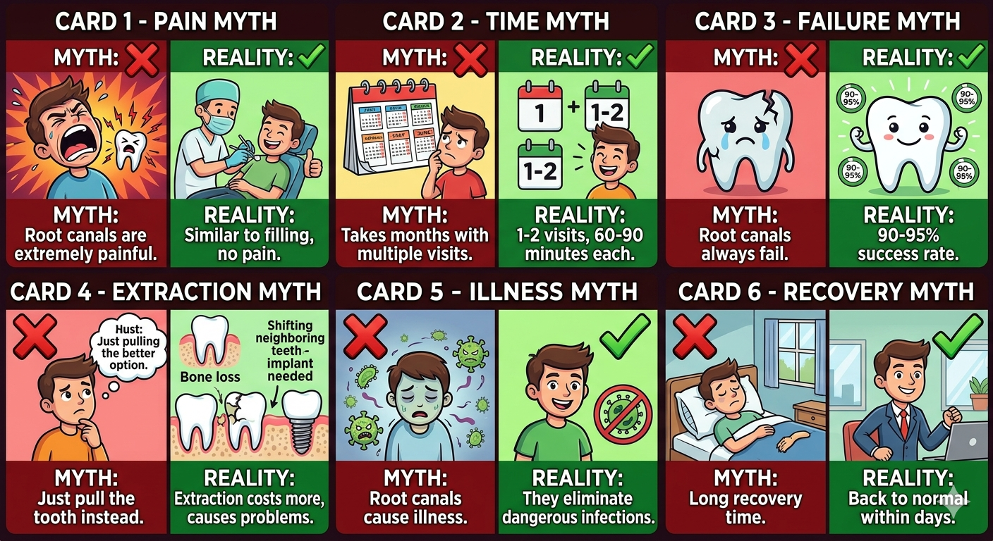 Six myth versus reality cards showing common root canal misconceptions debunked with facts about pain, time, success rates, extraction, health, and recovery