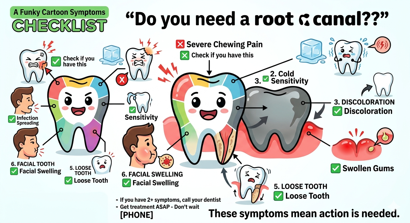 Symptoms checklist for determining if you need root canal treatment including severe pain, sensitivity, discoloration, swelling, loose tooth, and facial swelling
