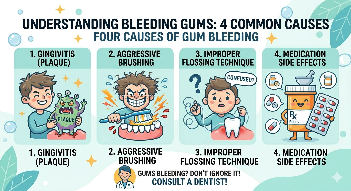 Infographic showing the four most common causes of bleeding gums including gingivitis, brushing too hard, and vitamin deficiency