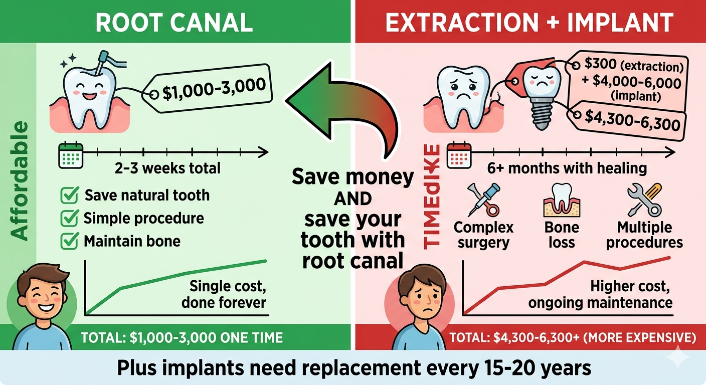 Cost comparison chart showing root canal treatment $1,000-3,000 versus tooth extraction and implant replacement costing $4,300-6,300, illustrating savings of root canal