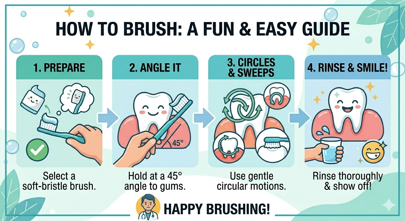 Illustrated guide showing correct toothbrush angle and technique to prevent bleeding gums