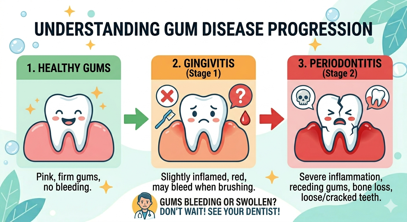Illustration showing progression from healthy gums to gingivitis to periodontitis if left untreated