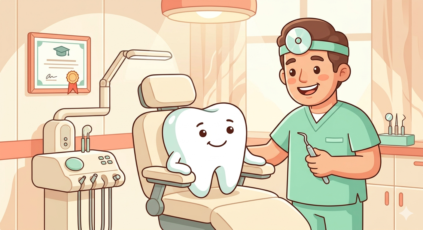 Friendly cartoon dentist treating a tooth patient in a modern dental clinic — professional treatment for sweet tooth sensitivity at Talpadent