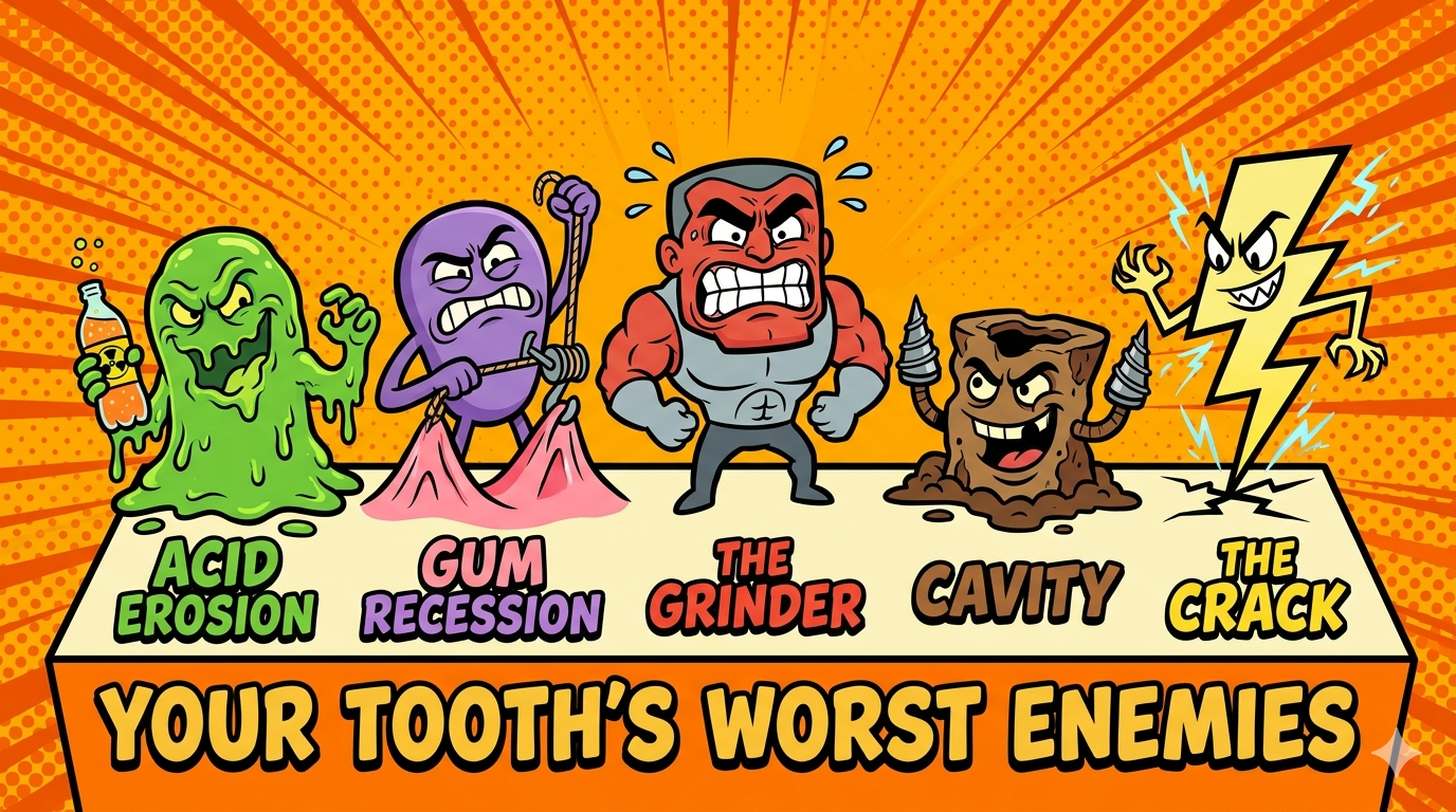 Comic-style villain lineup illustration showing five cartoon characters representing the five main causes of tooth sensitivity: acid erosion, gum recession, teeth grinding, cavities, and tooth cracks — labelled "Your Tooth's Worst Enemies" 