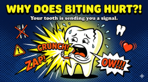 Funky retro comic illustration of a cartoon tooth character screaming in pain while biting down on food, with a crack on its body, lightning bolt pain lines, and the headline "Why Does Biting Hurt?!" — representing tooth pain when biting down