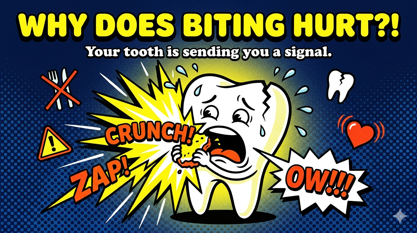 Funky retro comic illustration of a cartoon tooth character screaming in pain while biting down on food, with a crack on its body, lightning bolt pain lines, and the headline "Why Does Biting Hurt?!" — representing tooth pain when biting down