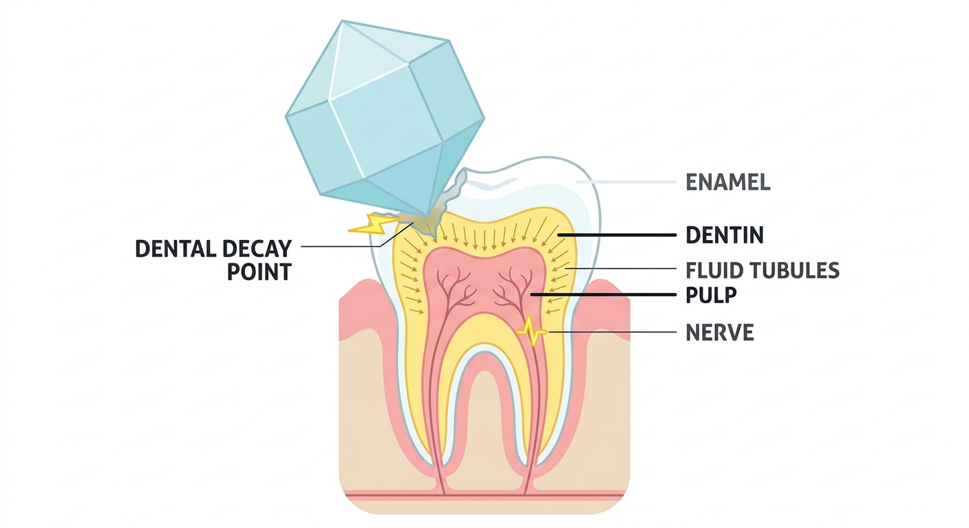 Cross-section of a tooth showing enamel, dentin and pulp layers with sugar crystal breaking through worn enamel to reach sensitive dentin — how sugar causes tooth pain explained