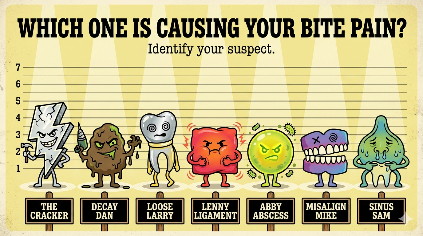 Retro comic police lineup illustration showing seven cartoon villain characters representing the seven causes of tooth pain when biting down — including The Cracker, Decay Dan, Loose Larry, Lenny Ligament, Abby Abscess, Misalign Mike, and Sinus Sam — with the headline "Which One Is Causing Your Bite Pain?"