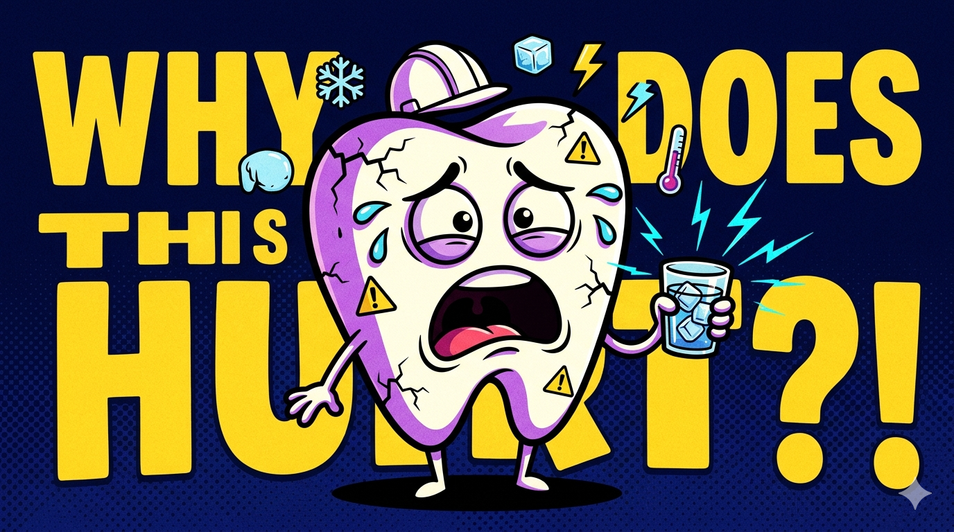 Funky cartoon illustration of a tooth character in pain holding a glass of ice water, with lightning bolt pain lines and the text "Why Does This Hurt?!" — representing cold tooth sensitivity