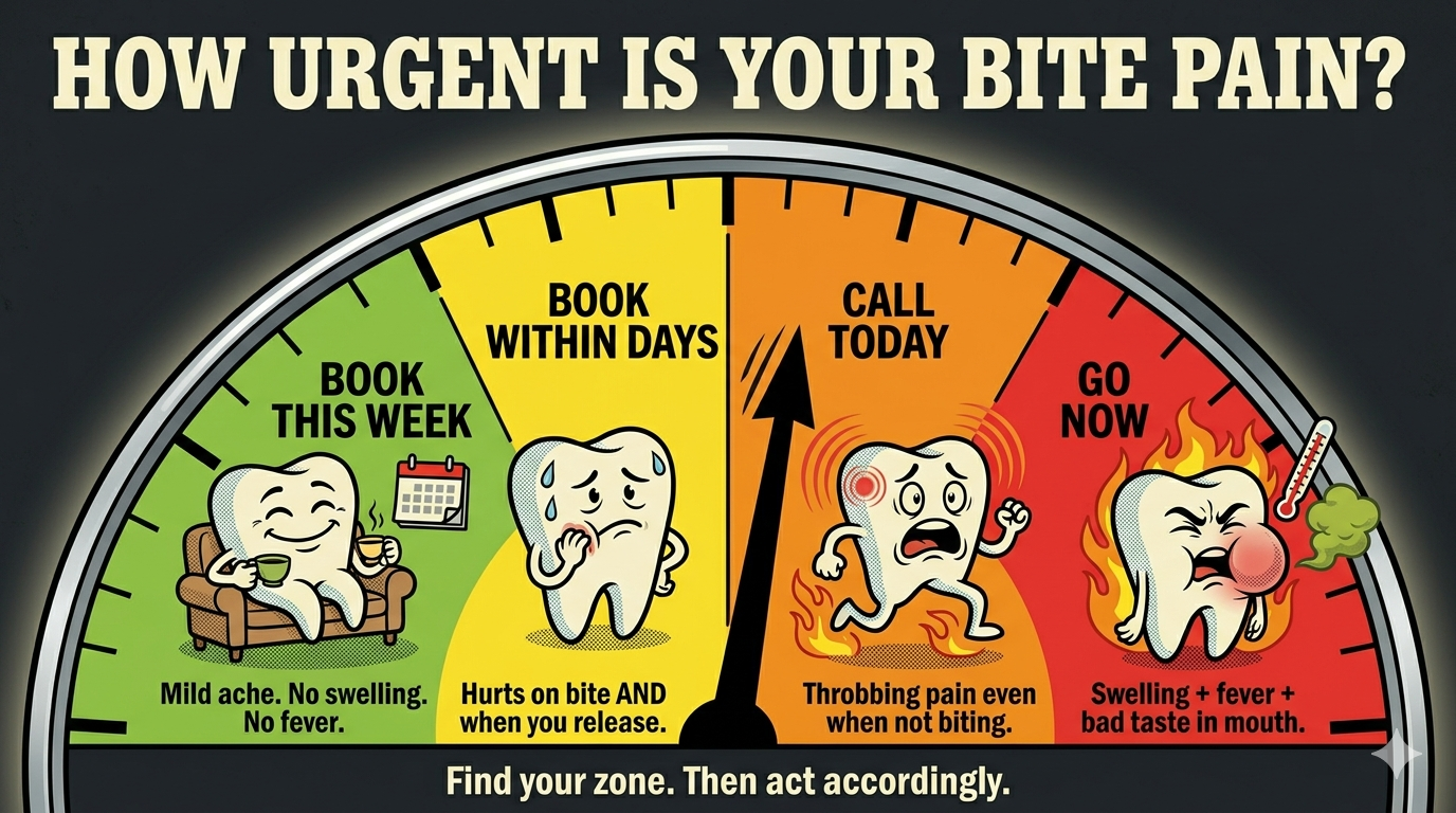 Retro dashboard speedometer infographic illustrating four urgency zones for tooth pain when biting — Zone 1 green "Book This Week" for mild ache, Zone 2 yellow "Book Within Days" for pain on bite and release, Zone 3 orange "Call Today" for throbbing at rest, and Zone 4 red "Go Now" for swelling and fever — with a gauge needle pointing between zones 2 and 3