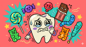 Cartoon tooth character in pain surrounded by villain candy and sweets — illustration showing tooth sensitivity when eating sugar