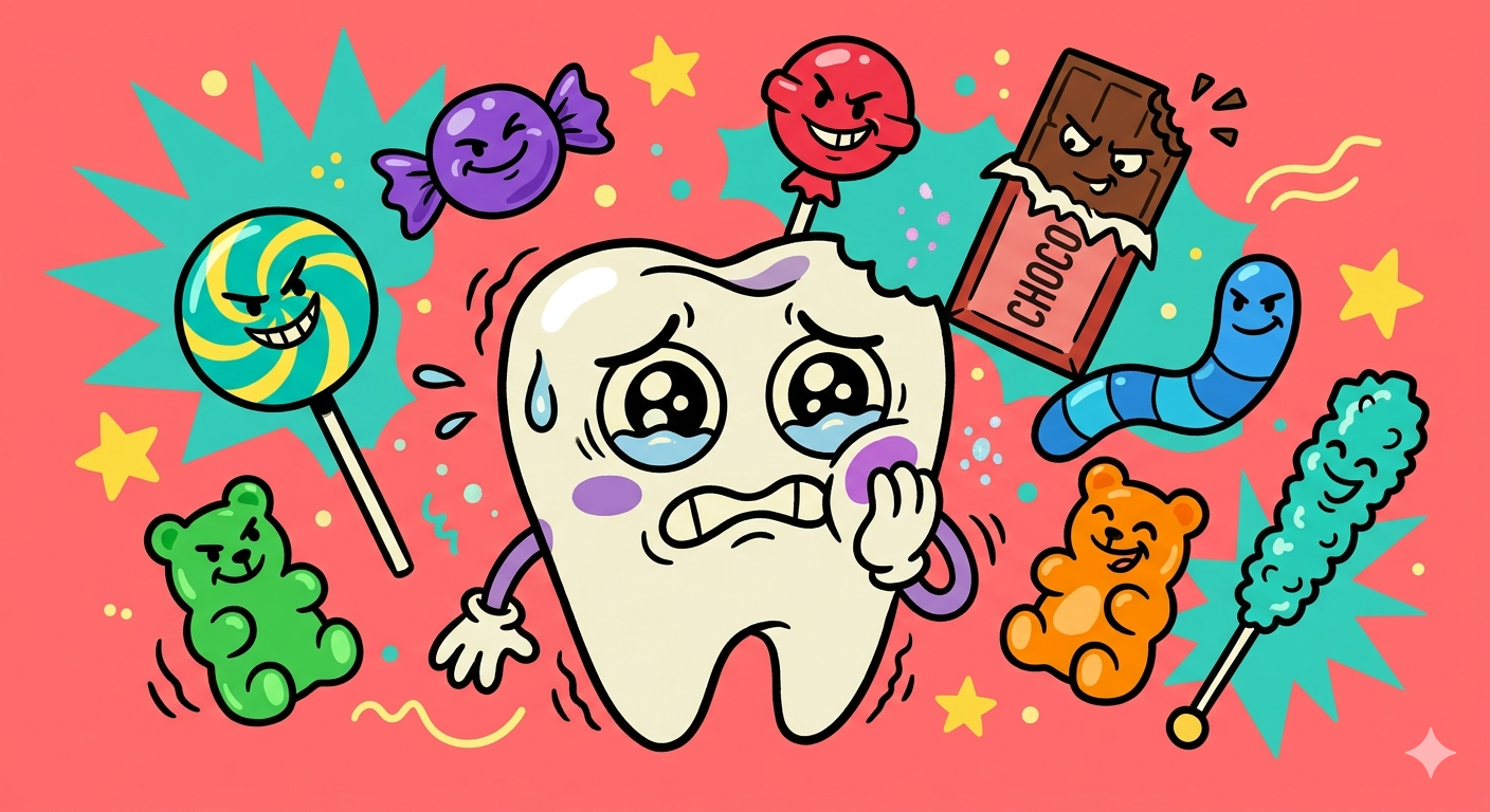 Cartoon tooth character in pain surrounded by villain candy and sweets — illustration showing tooth sensitivity when eating sugar