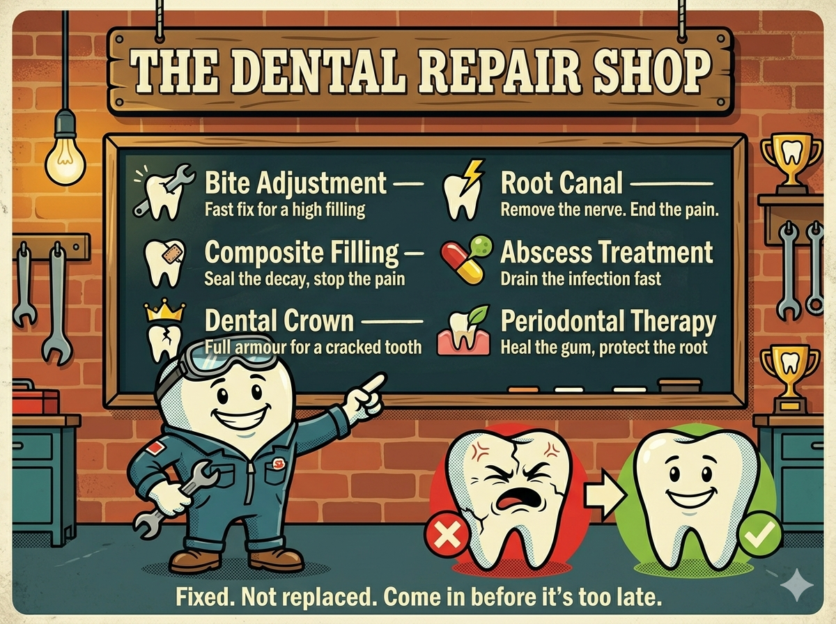 Illustrated retro repair shop scene with a cartoon tooth mechanic character pointing at a chalkboard menu listing six dental treatment options for bite pain — bite adjustment, composite filling, dental crown, root canal, abscess treatment, and periodontal therapy — each with a short benefit description, titled "The Dental Repair Shop" with the tagline "Fixed. Not replaced."