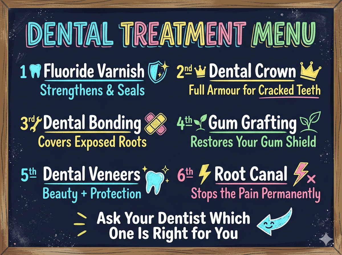 Funky retro chalkboard-style illustrated menu showing six professional dental treatments for tooth sensitivity: fluoride varnish, dental bonding, veneers, dental crown, gum grafting, and root canal — each with a short benefit label and icon, with the message "Ask Your Dentist Which One Is Right for You" 