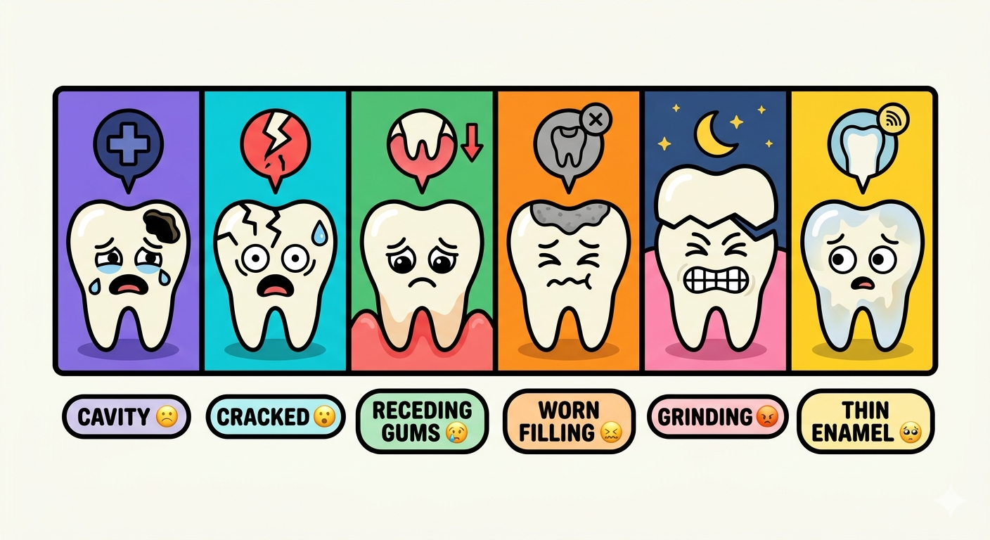 Six cartoon tooth characters showing the 6 causes of tooth pain when eating sweets — cavities, cracks, gum recession, worn fillings, bruxism and enamel erosion illustrated