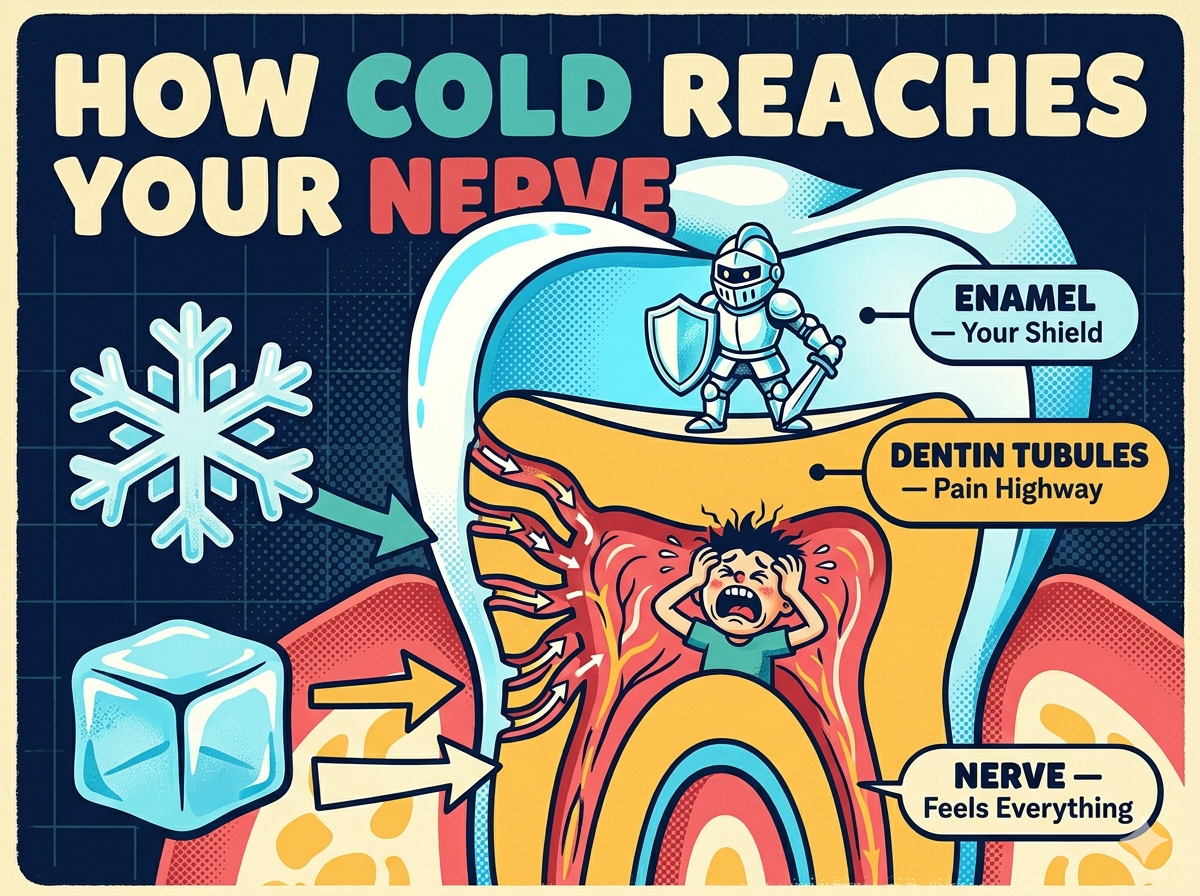 Illustrated cross-section of a cartoon tooth showing three layers — enamel labelled "Your Shield", dentin tubules labelled "Pain Highway", and the nerve centre labelled "Feels Everything" — with a snowflake showing how cold reaches the nerve 