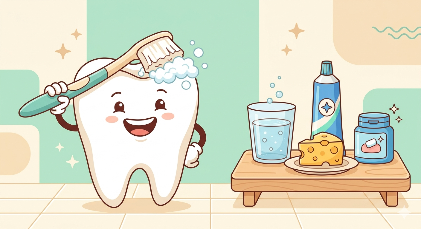 Happy tooth character brushing teeth next to water, fluoride toothpaste, cheese and sugar-free gum — home care tips to reduce sweet tooth sensitivity illustrated