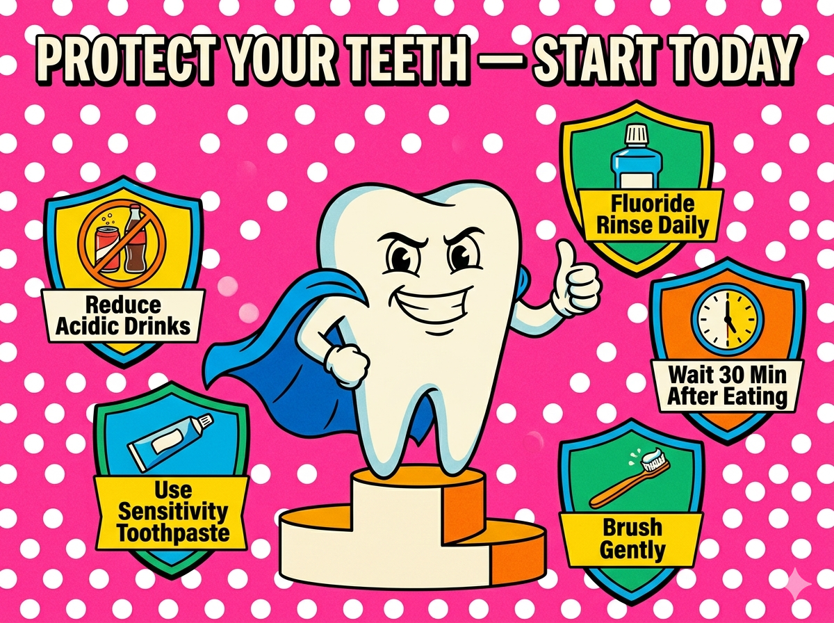 Illustrated motivational poster showing a superhero cartoon tooth surrounded by 5 shield icons with home care tips: use sensitivity toothpaste, brush gently, wait 30 minutes after eating, use fluoride rinse daily, and reduce acidic drinks — headline reads "Protect Your Teeth — Start Today" 