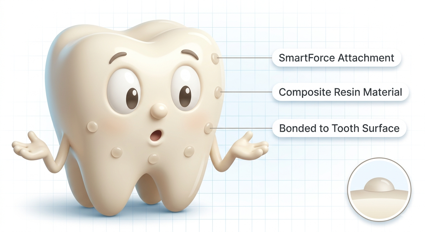 Cartoon tooth character with Invisalign SmartForce attachment dots on its surface labeled with annotation lines — what Invisalign attachments are and how they work