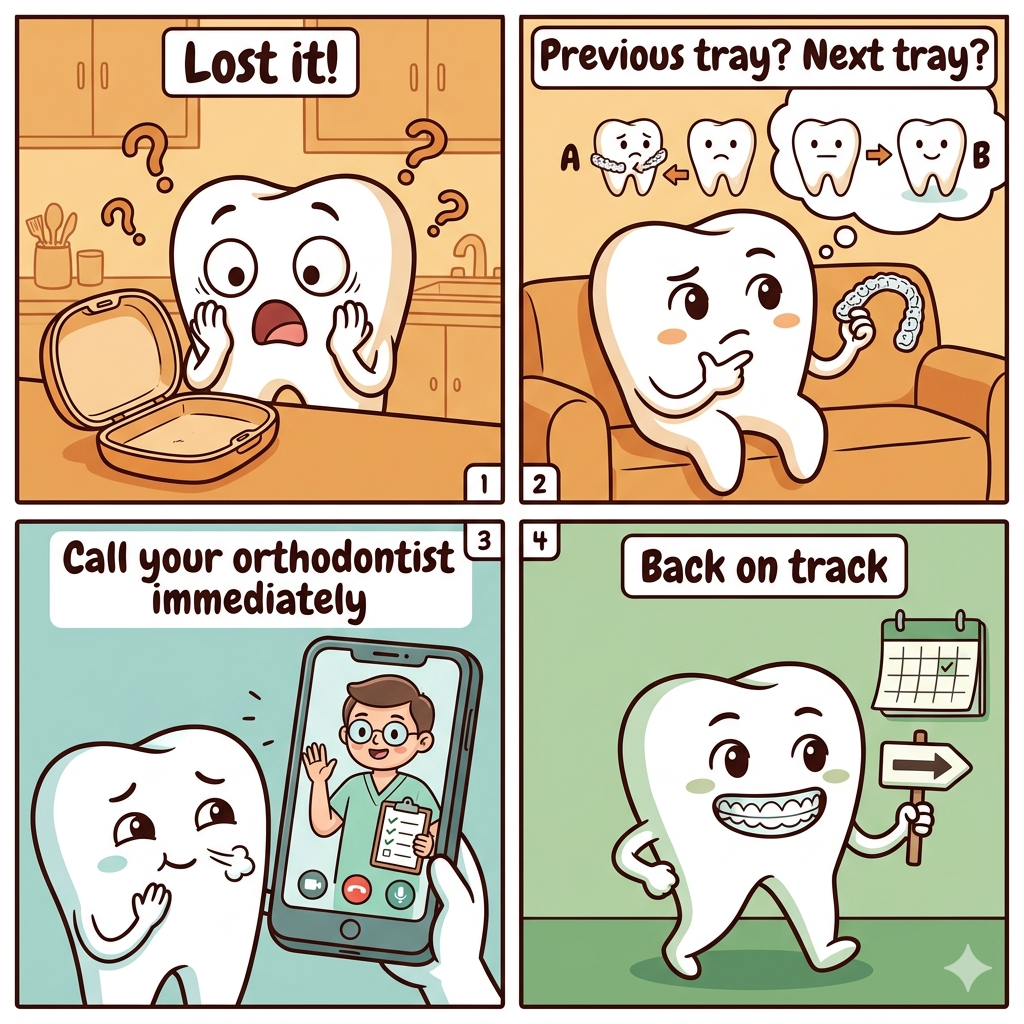 Four panel comic strip showing a tooth character losing their Invisalign aligner tray and what to do — call your orthodontist, use previous tray, get back on track