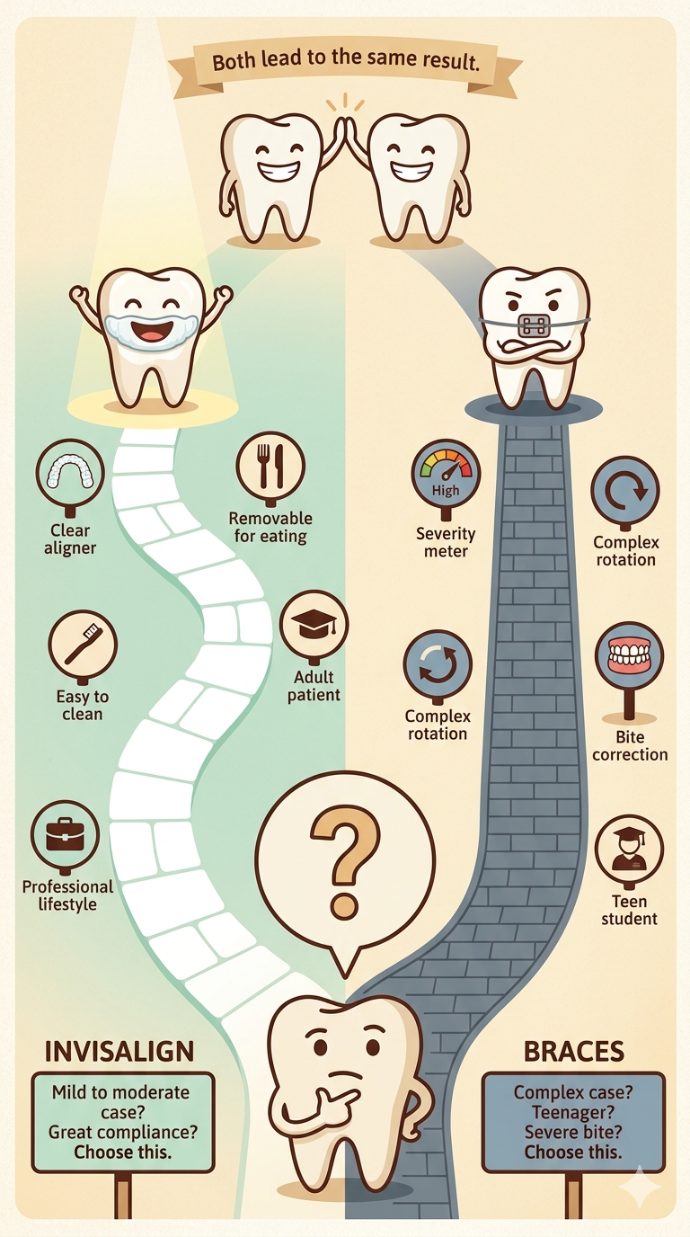 Illustrated decision fork showing two paths — one leading to Invisalign for mild cases and compliant adults, one leading to braces for complex cases and teenagers — both reaching the same straight smile result