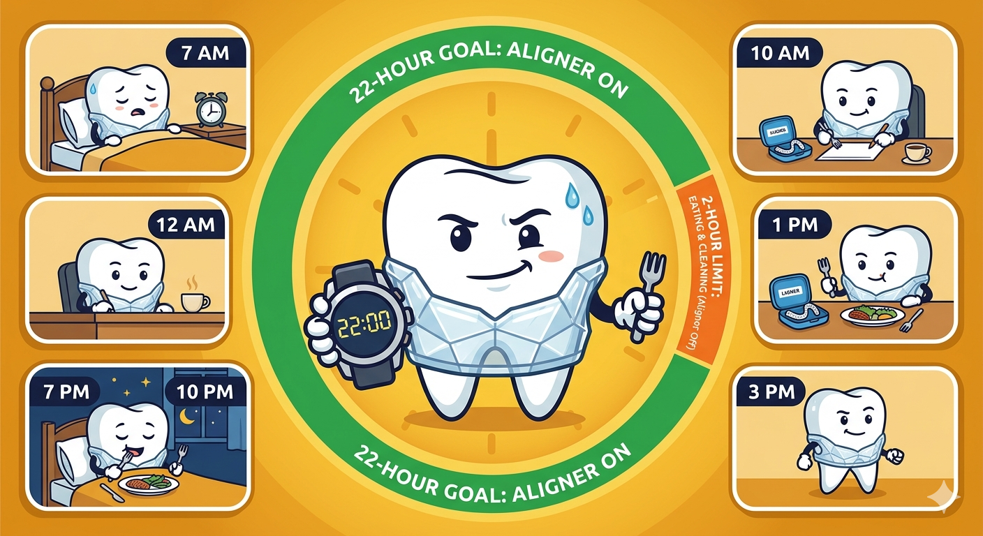 Cartoon tooth character in a daily schedule showing the 22-hour Invisalign wear requirement — why compliance is the most important factor in Invisalign treatment