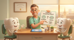 Friendly cartoon dentist consulting with two patient tooth characters about Invisalign and braces options at Talpadent — personalised orthodontic treatment planning consultation