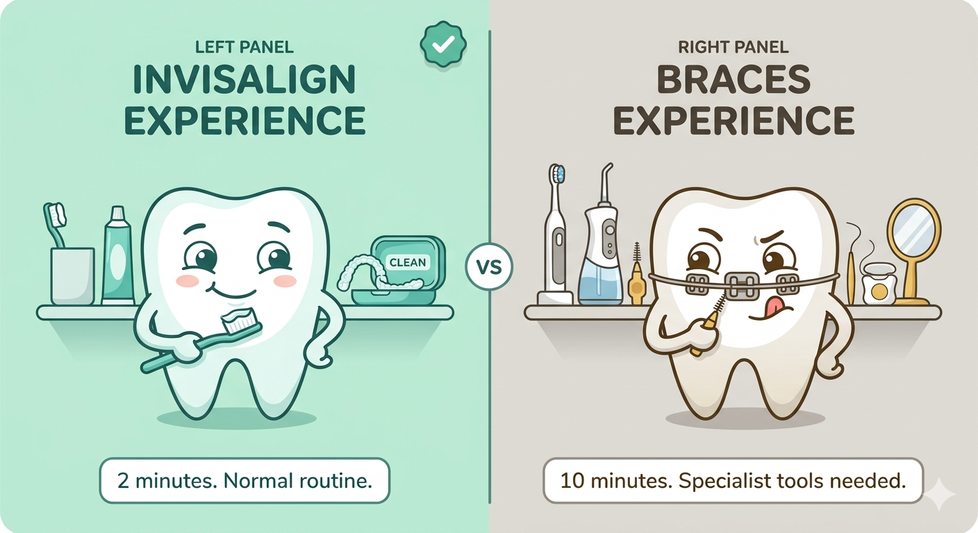 Side by side bathroom scene showing easy Invisalign hygiene routine versus more complex braces cleaning routine with multiple tools — oral hygiene comparison illustrated