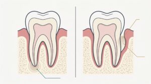 IMAGE FORMAT: Generate and export strictly as a PNG file. PNG format only. Do not output JPEG, JPG, JFIF, WEBP or GIF. Single static still image, minimum 1600px wide. A clean medical cross section showing a single molar in vertical section, drawn twice side by side for comparison, separated by a thin vertical rule. LEFT TOOTH: the infection sits as a soft rounded pale halo at the very tip of the root, inside the cream coloured bone. A fine teal leader line runs from it outward to a label position. RIGHT TOOTH: the tooth itself is healthy, and the infection sits instead in a deep pocket alongside the root, between tooth and gum, shown as a pale pocket in the muted pink gum tissue. A gold leader line runs from it outward. Both teeth: cream jawbone with fine trabecular texture, muted pink gum, natural tooth silhouette, visible pulp chamber in soft outline. Style: precise anatomical medical illustration in a modern editorial register. Accurate structure, simplified, clean and unthreatening. Smooth flat shading with subtle depth. Absolutely no blood, no pus rendering, no gore, no instruments. The register of a good patient education leaflet. Palette: teal #0F6B73, gold #C0873A, muted pink gum, cream bone, charcoal #243447 linework, off-white background.