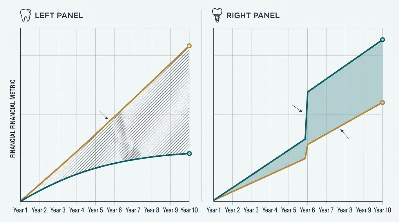 Chart comparing dental insurance premiums against benefits for a healthy patient and a patient needing implants