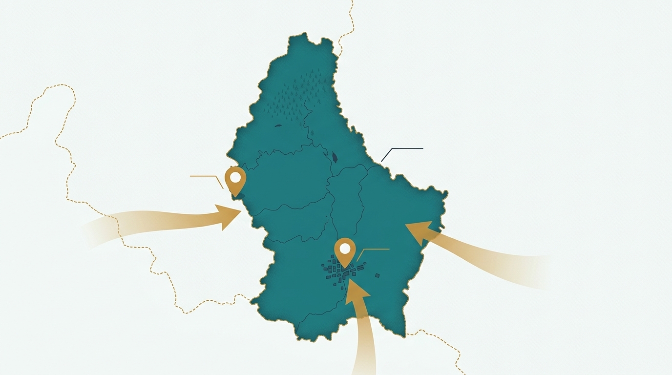 Stylised map of Luxembourg showing TalpaDent clinics in Steinfort and Limpertsberg and commuter routes from Belgium, France and Germany
